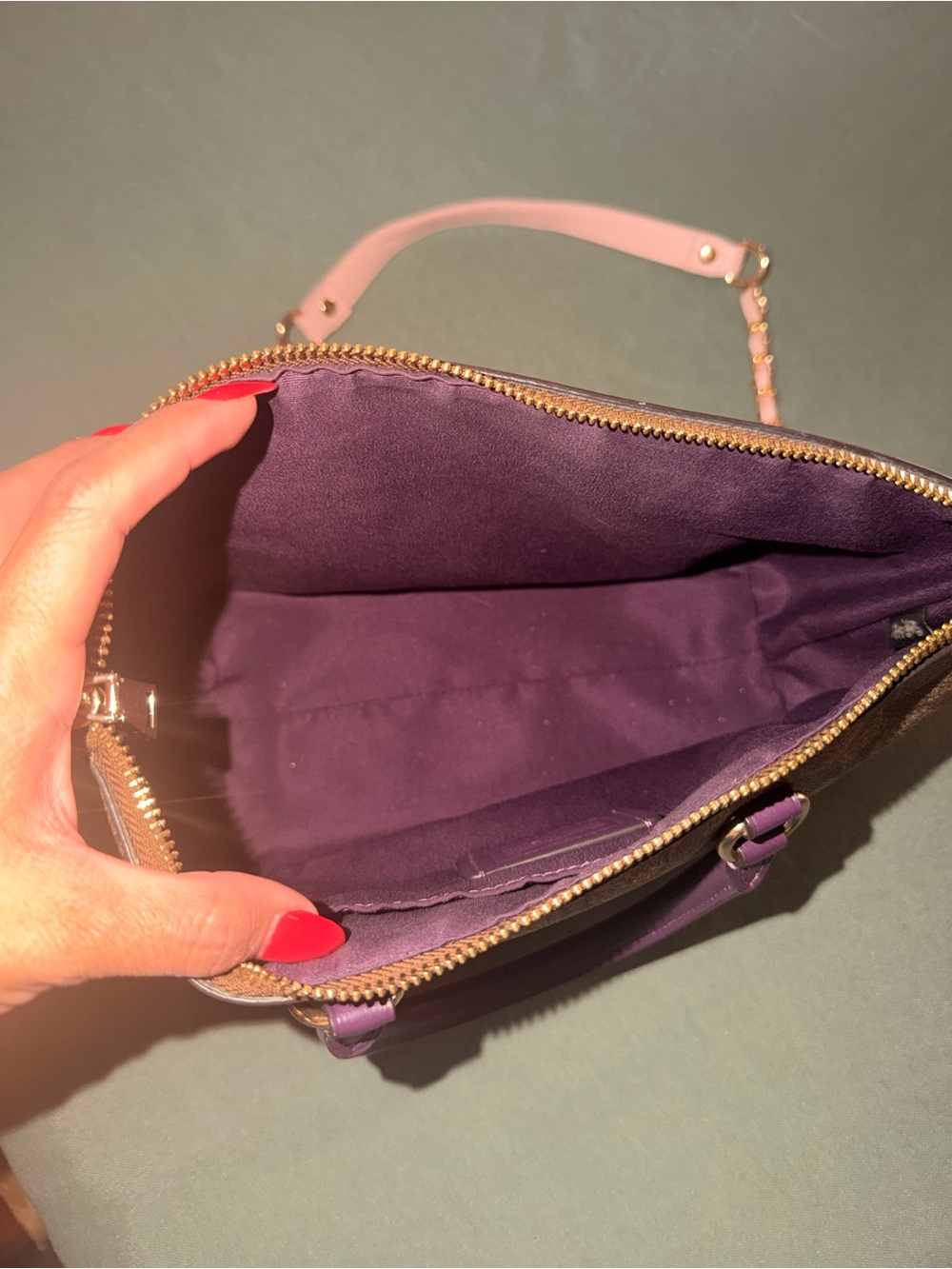 Coach Brown Signature Canvas Tote with Pink Front Pocket and Purple Trim - Picture 3 of 6